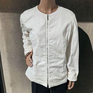 White Embroidered Zip-Up Jacket White Denim Jean Zipper Jacket.